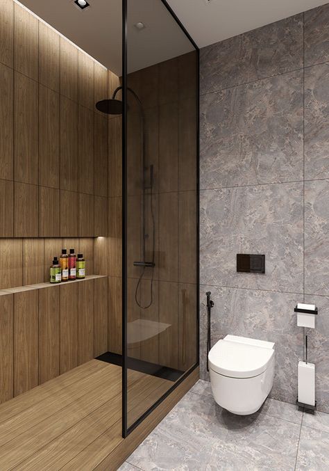 Stone and Wood bathroom. on Behance Color Bathroom Design, Bathroom Design Small Modern, Ideas Baños, Modern Small Bathrooms, Wood Tiles, Bathroom Shower Design, Bathroom Inspiration Modern, Bathroom Decor Luxury, Washroom Design