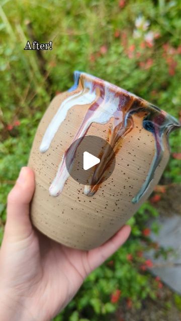 Hannah B Pottery on Instagram: "How I glaze a drippy vase! These are always fun to make ☺️ #pottery #potteryreels #process #potteryprocess #ceramicsofinstagram #ceramics #vase #glazing" Iron Yellow Glaze Combinations, How To Glaze Pottery, Ceramics Vase, Glaze Pottery, Glazing Techniques, Spin Art, Ceramics Ideas, July 7, Glazes For Pottery