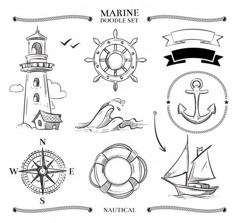 Marine doodle set Premium Vector Sea Vector, Vector Doodle, Ink Doodles, Rope Frame, Hand Drawn Vector Illustrations, Sketch Style, Sketch Notes, Bullet Journal Doodles, Journal Doodles