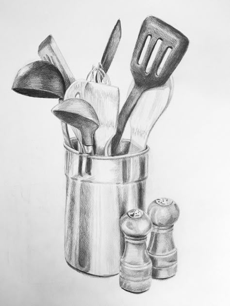 Object Drawing For Beginners, Food Still Life Drawing, Kitchen Objects Drawing, Food Drawing Sketches Pencil, Object Study Drawing Still Life, Still Life Pencil Shading Sketch, Sketches Of Objects, Drawing Of Kitchen, Still Life Drawing Kitchen Items