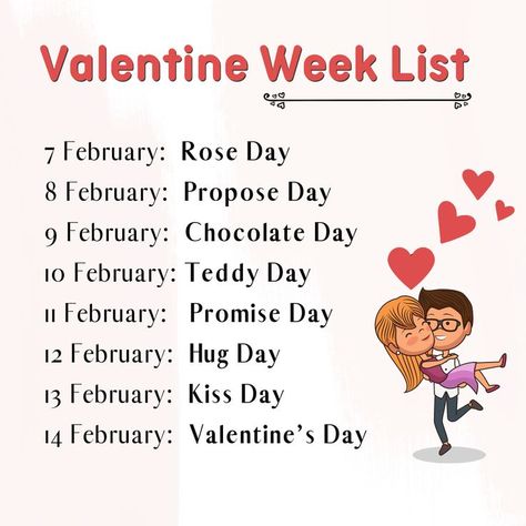 The Beautiful Image of Valentines Week List 2022. The List include Rose Day, Propose Day, Chocolate Day, Teddy Day, Promise Day, Hug Day, Kiss Day and Happy Valentines Day February Love Days, February Days List, Valentine Week List, February Special Days, Valentine Day Calendar, Love You More Quotes, Week Name, Happy Valentines Day Pictures, Valantine Day