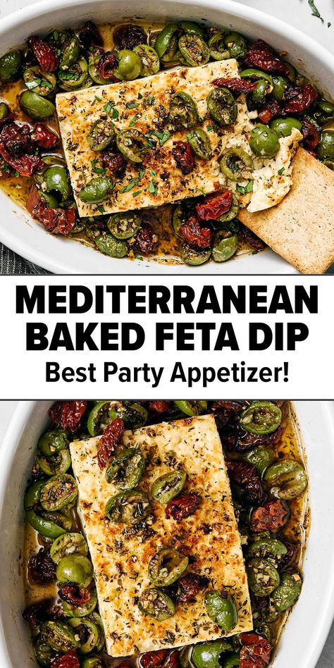 Mediterranean baked feta with olives Baked Feta And Artichoke Dip With Olive Gremolata, Tuscany Appetizers, Mediterranean Feta Dip, Mediterranean Baked Feta, Appetizer Recipes Italian, Gluten Free Italian Appetizers, Olive Appetizer Ideas, Mediterranean Recipes Appetizers, Healthy Appetizers For Party