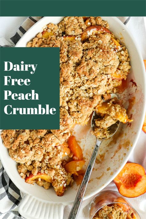 Dairy Free Peach Crumble is loaded with tender, melty peaches, and topped with an oat filled, delightfully crumbly topping. This is the most amazing dairy free peach crumble recipe! #peaches #crumble #peachseason #dairyfree #dairyfreerecipes #baking #peachrecipes #bakinginspo #summerbaking #peachdesserts Peach Crumble Recipe, Vegan Peach Cobbler, Dairy Free Pies, Vegan Crumble, Peach Filling, Vegan Peach, Dairy Free Baking, Peach Dessert Recipes, Peach Crumble