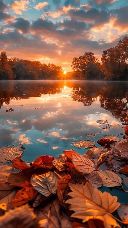 As the sun sets on an autumn day, its golden light reflects off the tranquil waters of a lake, creating a vivid tapestry of colors. The surface of the water mirrors the fiery hues of the sky while the edges of the lake are lined with fallen leaves in shades of orange, red, and yellow. This peaceful scene is a perfect portrayal of nature's calmness and the beauty of the changing seasons, inviting observers to pause and reflect on the cyclical nature of life. Golden Autumn, Autumn Landscape Wallpaper, Autumn Lake Photography, Scenic Fall Wallpaper, Eevee Wallpaper, Sunset Over Lake, Sunrise Mountain, Sunrise Over Lake, Waterfall Pictures