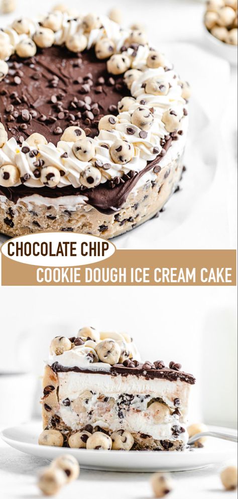 This Chocolate Chip Cookie Dough Ice Cream Cake combines creamy vanilla ice cream with loads of edible cookie dough balls and chocolate chips. All of this creamy goodness is encased in an edible cookie dough crust and topped with rich chocolate ganache for an outstanding summer treat! | queensleeappetit.com Edible Cookie Dough Balls, Cookie Dough Ice Cream Cake, Ice Cream Cookie Cake, Cookie Dough Crust, Chocolate Chip Cookie Dough Ice Cream, Chocolate Ice Cream Cake, Homemade Ice Cream Cake, Cookie Dough Cake, Ultimate Chocolate Chip Cookie