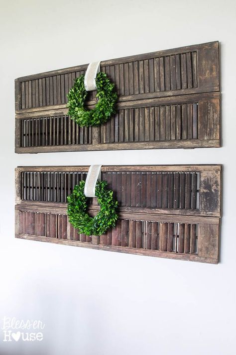 Thrifty Shutter Wall Decor | blesserhouse.com Diy Dining Room Decor, Shutters Decor, Shutter Wall Decor, Shutter Projects, Store Lighting, Shutter Decor, Farm House Dining Room, Shutter Wall, Shutter Ideas