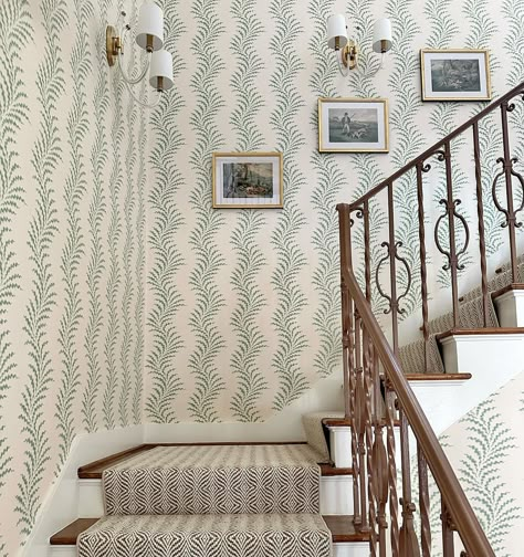 Scrolling Fern Wallpaper, Soane Scrolling Fern Wallpaper, Striped Wallpaper Hallway, Staircase Wallpaper, Fern Wall, Foyer Staircase, Fern Wallpaper, Soane Britain, Hallway Wallpaper