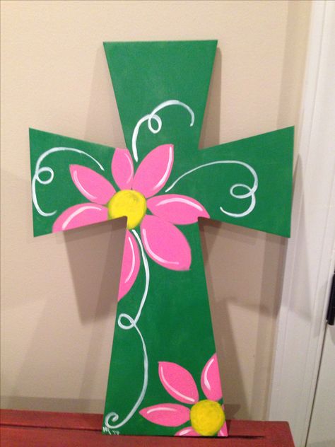 Hand painted wooden cross green w/ large pink flowers Painted Cross Ideas, Painted Crosses On Wood, Painted Wooden Crosses, Painted Crosses, Wooden Cross Crafts, Cross Ideas, Hand Painted Crosses, Cross Door Hangers, Internal Wooden Doors