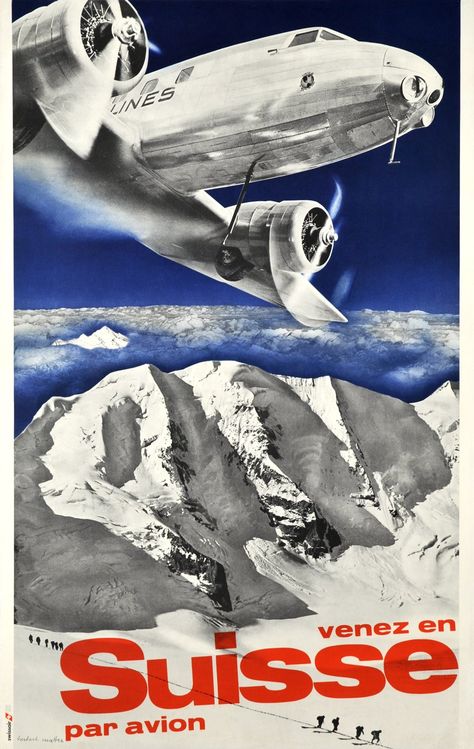 Vintage poster – Swissair, Venez en Suisse par avion, Swissair 1931-1981 – Galerie 1 2 3 Herbert Matter, Airline Poster, On The Wings Of Love, Swiss Air, Swiss Travel, Us Images, Rice Paper, Vintage Poster, Vintage Travel