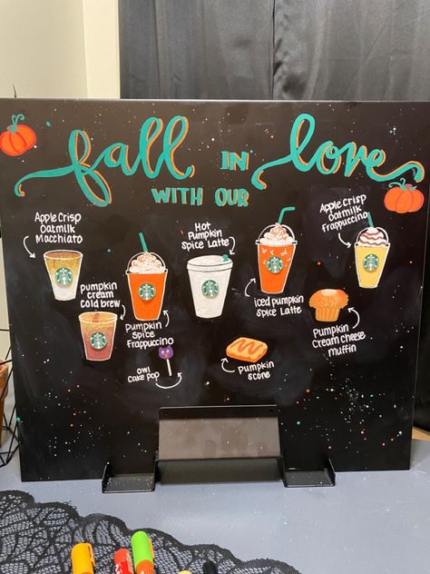 Starbucks chalkboard art fall pumpkin spice Fall Drinks Chalkboard, Pumpkin Spice Board Starbucks, Starbucks Signs Chalk Fall, Fall Coffee Sign Ideas, Starbucks Fall Board, Fall Drink Chalkboard, Fall Chalkboard Art Starbucks, Chalkboard Art Coffee Shop, Fall Coffee Board