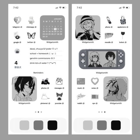 my bsd manga themed homescreen <3 Bsd Manga Widgets, Bsd Homescreen Ideas, Cute Iphone Widget Design, Bsd Iphone Layout, Soukoku Phone Theme, Orv Themed Homescreen, Bsd Homescreen Layout, Manga Phone Theme, Manga Homescreen Layout