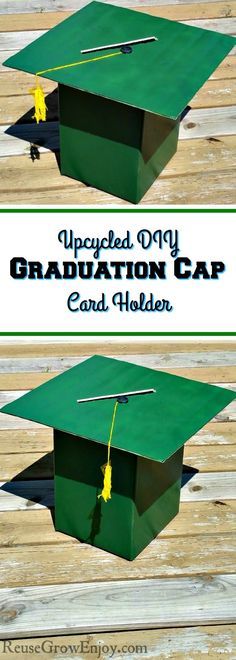 Graduation party coming up? Check out this upcycled DIY Graduation Cap Card Holder! Plus you can make it in your own school colors! Graduation Cap Card, Graduation Diy Decorations, Creative Graduation Party Ideas, Dessert Table Graduation, Graduation Box, Senior Party, Graduation Desserts, Backyard Graduation Party, Senior Graduation Party