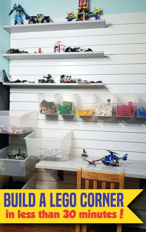 LEGO and building bricks on the floor are a HUGE problem in many homes. But I partnered with storeWALL (http://storewall.com)  to create the perfect space... [m… Corner Lego Desk, Lego Closet, Lego Corner, Lego Playroom, Lego Area, Lego Station, Lego Storage Solutions, Table Lego, Lego Desk