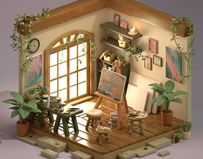 Miniature Interior Design, 3d Isometric Design, Blender Isometric Room, Mini Art Studio, 3d Isometric Room, Blender Room, Isometric Rooms, Isometric Room, 3d Miniature