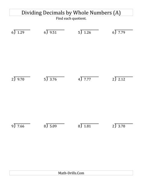 The Dividing Hundredths by a Whole Number (A) Math Worksheet from the Decimals Worksheets Page at Math-Drills.com. Decimal Division, Math Division Worksheets, 6th Grade Worksheets, Integers Worksheet, 5th Grade Worksheets, Multiplying Decimals, Math Decimals, Dividing Decimals, Math Practice Worksheets