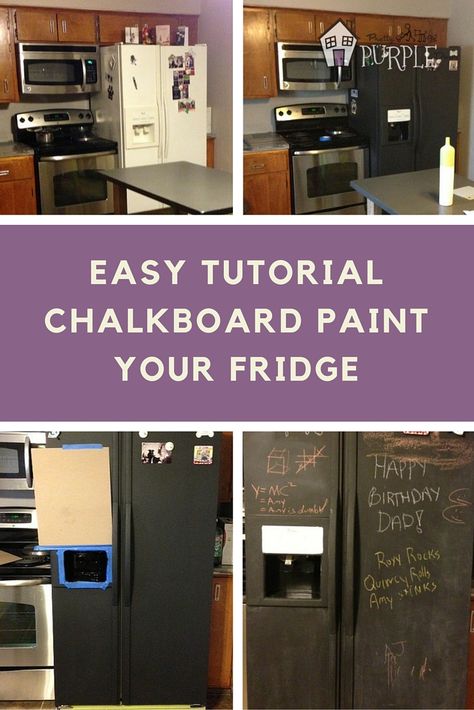 Easy chalkboard refrigerator tutorial: How to Chalkboard Paint your fridge Chalkboard Paint Refrigerator, Paint Your Fridge, Chalkboard Paint Fridge, Chalkboard Fridge, Fridge Diy, Refrigerator Makeover, Paint Refrigerator, Painted Fridge, Black Chalkboard Paint