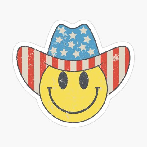 Get my art printed on awesome products. Support me at Redbubble #RBandME: https://www.redbubble.com/i/sticker/untitled-by-untitled/161504105.EJUG5?asc=u Smiley Cowboy Hat, Smiley Face Cowboy, 4th Of July Stickers, Patriotic Stickers, Cowboy Stickers Westerns, Smiley Face, Smiley, Independence Day, Dad Hats