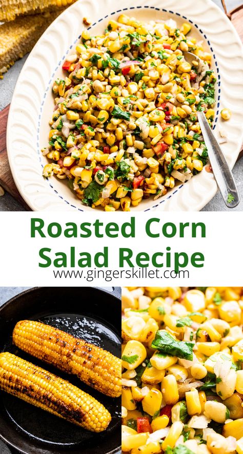 Roasted Corn Salad – This easy-to-make delicious corn salad comes together very quickly and requires only a couple of ingredients. It is mildly spicy, sweet, and juicy; perfect for summertime or any time you want something with sweetcorn. Corn Salad With Cilantro, Cheese Corn Balls Recipe, Sweet Corn Salad Recipe, Sweetcorn Salad, Corn In The Oven, Roasted Corn Salad, Cilantro Recipes, Grilled Corn Salad, School Recipes