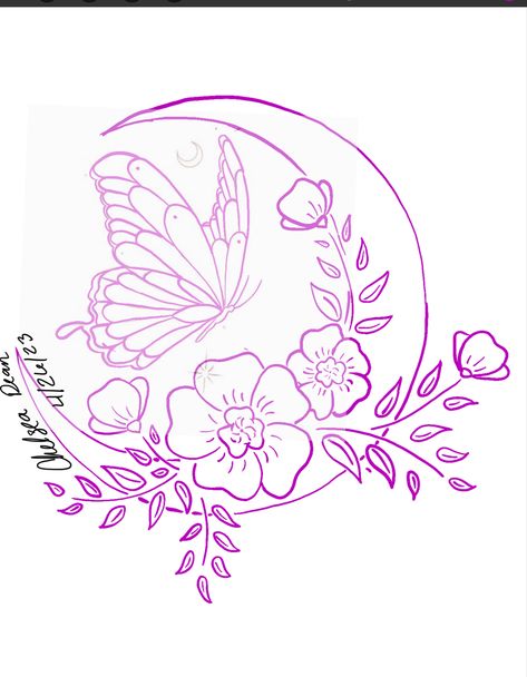 Womens Moon Tattoos, Drawing Floral Designs, Tattoo For Your Mom Meaningful, Colored Moon Tattoo, Butterflies And Flowers Drawing, Butterfly And Clouds Tattoo, Flowers With Butterflies Drawing, Lotus Butterfly Tattoo Design, Pretty Moon Tattoos