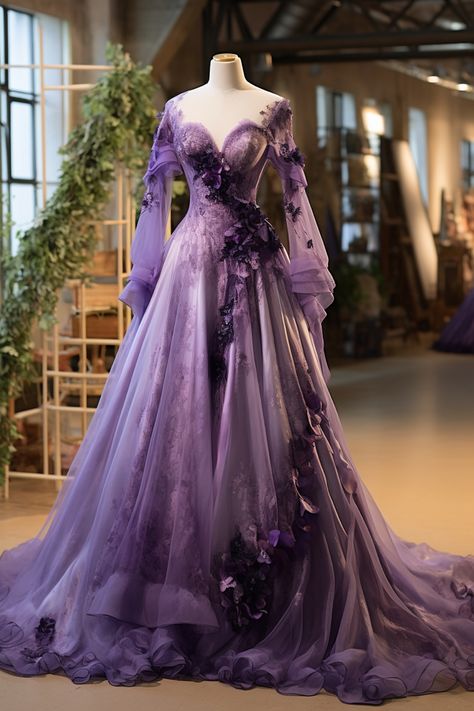 Lavender flower inspired gown Purple Fantasy Dress, Purple Fairy Dress, Gown Dress Design, Dress Design Ideas, Cassie Howard, Fairy Gown, Oc Fashion, Dark Purple Dresses, Expensive Dresses