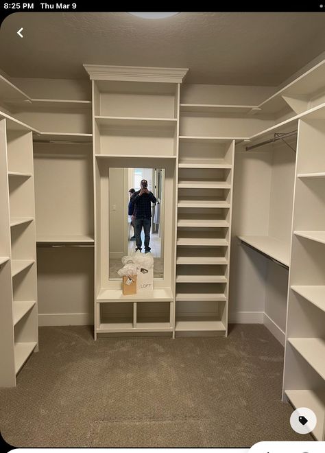 Master Closet Design For Men, Closet Remodel Before And After, Designing A Small Walk In Closet, Master Closet Walk In Layout, Open Shelving In Closet, Closet Storage Built In, 9x9 Closet Design, Dit Walk In Closet, Mast Closet Ideas