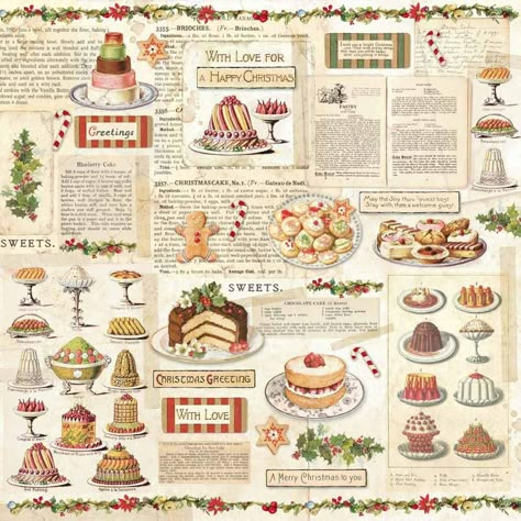 Christmas Desserts Cakes, Traditional Christmas Desserts, Happy Christmas Greetings, Christmas Decoupage, Decoupage Glass, Vintage Baking, Merry Christmas To You, Vintage Journal, Decoupage Paper