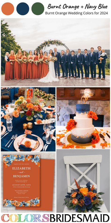 burnt orange and navy blue for burnt orange wedding color palettes for 2024,burnt orange bridesmaid dresses, white bridal gown, navy blue bridegroom and groomsmen suits, navy blue wedding tablecloth, burnt orange flower wedding cake decor and wedding table centerpieces, burnt orange wedding invitations with navy blue floral printing. #weddingcolors #weddingideas #burntorangeweddings #colsbm #2024 #bridesmaiddresses #burntorangeandnavyblue Burnt Orange Navy And Cream Wedding, Navy Orange And Gold Wedding, Blue And Rust Orange Wedding, Fall Wedding Colors October Rustic, What Goes With Orange Color Schemes, Navy Blue And Burnt Orange Wedding Theme, Orange Color Wedding, Orange Wedding Theme Summer, Blue Burnt Orange Wedding