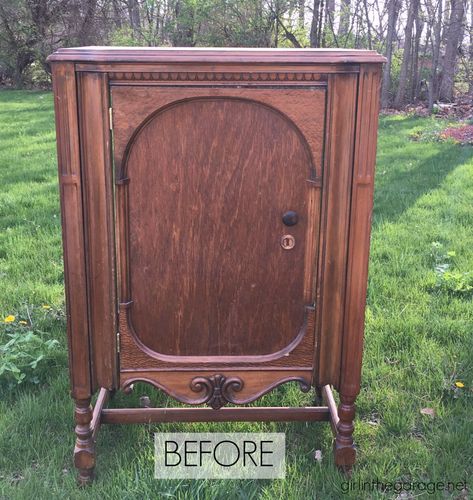 Kitchen Attic Ideas, Radio Cabinet Makeover, Phonograph Cabinet, Antique Upcycle, Antique Radio Cabinet, Vintage Radio Cabinet, Repaint Furniture, Storage Cabinet With Shelves, Rustoleum Chalked