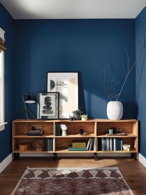 HGTV Home by Sherwin-Williams Announces 2021 Color Palette of the Year | HGTV Blue Office Color Scheme, Blue And Wooden Bedroom, Study Room Color Palette, Dark Navy Blue Living Room, Southwest Color Palette Living Room, Blue Paint Living Room Ideas, Living Room Dark Blue Walls, Dark Blue Office Ideas, Blue Wall Apartment