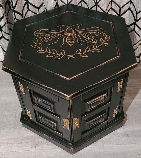 Bee Painted Furniture, Whimsigoth Furniture Diy, Whimsy Goth Furniture, Hexagon Side Table Makeover, Hexagon Table Makeover, Witchy Dresser, Insect Furniture, Goth Furniture Diy, Bee Furniture