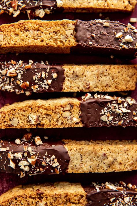 Biscotti Dipped In Chocolate, Chocolate Dipped Biscotti, Chocolate Biscotti Recipe, Crunchy Chocolate, Holiday Cookie Exchange, Broccoli Rabe, Biscotti Recipe, Breakfast Pastries, Holiday Cookie Recipes