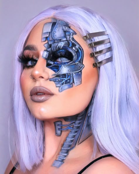 Robot Makeup, Cyberpunk Makeup, Extreme Makeup, Creepy Halloween Makeup, Halloween Makeup Diy, Face Paint Makeup, Halloween Makeup Inspiration, Ethereal Makeup, Face Painting Halloween