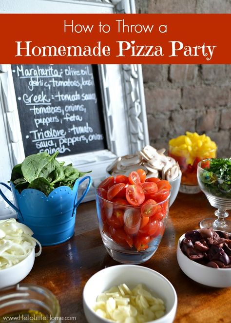 Learn how to throw a homemade pizza party! | Hello Little Home Homemade Pizza Party, Pizza Party Menu, Pizza Bar Party, Tuscan Party, Pizza Dinner Party, Pizza Dinner, Hosting Ideas, Diy Pizza, Food Bars