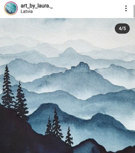 Watercolor Trees Mountains, Monochromatic Mountain Painting, Mountain Watercolour Painting, Watercolor Mountains And Trees, Monochromatic Painting Watercolors, Simple Mountain Watercolor, Easy Watercolor Mountains, Tempera Painting Ideas, Watercolor Art Landscape Simple