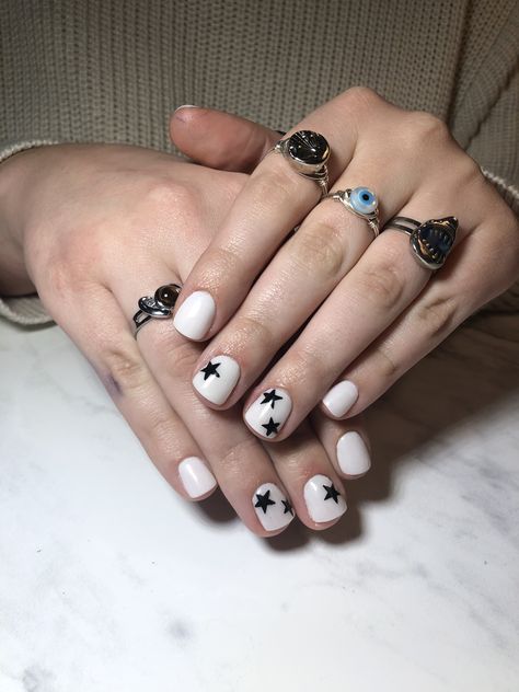 White Nails With Black Stars, White Nails With Black, Nails With Black, Black White Nails, Punk Nails, Black Stars, Black Star, Nails Ideas, Black Nails