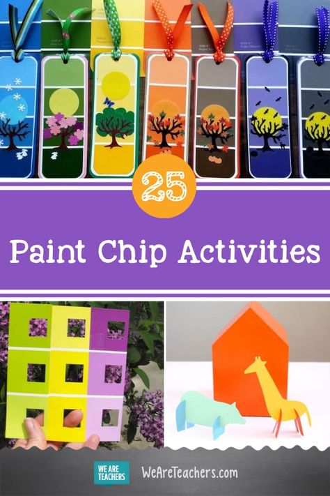 25 Colorful and Cool Paint Chip Crafts and Learning Activities Color Sample Crafts, Paint Samples Crafts Preschool, Crafts With Paint Swatches, Paint Chips In The Classroom, Paint Sample Cards Ideas, Paint Chart Crafts, Paint Chip Crafts For Kids, Paint Chips Crafts, Art With Paint Samples