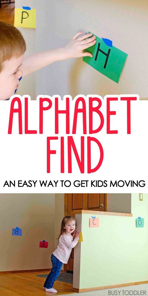 Alphabet Find Learning Activity: What a fun and easy way to get kids active and moving! A perfect learning activity for toddlers and preschoolers working on their alphabet. Toddler Alphabet, Activity For Toddlers, Alphabet Learning, Fun Indoor Activities, Alphabet Activities Preschool, Educational Activities For Kids, Toddler Snacks, Alphabet Preschool, Indoor Activities For Kids