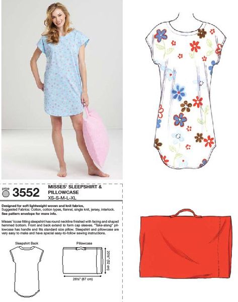 Purchase Kwik Sew 3552 Sleep Shirt and Pillowcase and read its pattern reviews. Find other Easy to Sew, Loungewear, Sleepwear, sewing patterns... Sleep Shirt Pattern, Nightie Pattern, Pillowcase Sewing, Summer Nightgown, Nightgown Pattern, Kwik Sew Patterns, Night Gowns, Kwik Sew, Gown Pattern