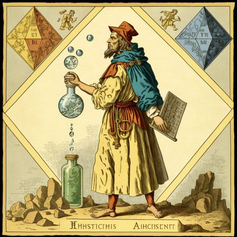 Alchemist Illustration, Alchemist Aesthetic, Medieval Alchemist, Corpus Hermeticum, Philosopher Stone, Higher Being, Dragon Palace, Secret Society Symbols, Earth's Spheres