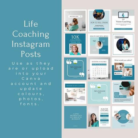 Instagram Post Templates, Coaching Social Media Templates, 35 Canva Templates Teal Blue #InstagramReelsTemplate #instagramreeltemplateideas #instagramreelstemplatevideo #instagramreelstemplatedesign What Would You Rather, Reels Cover, Publication Instagram, Cover Templates, Service Based Business, Text On Photo, Blog Content, Online Coaching, Instagram Reels