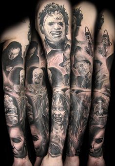 Horror movie theme Movie Character Tattoos, Horror Movie Tattoos, Halloween Villain, Movie Tattoo, Movie Tattoos, Tattoo Trend, Omerta Tattoo, Scary Tattoos, Tattoo Inspiration Men