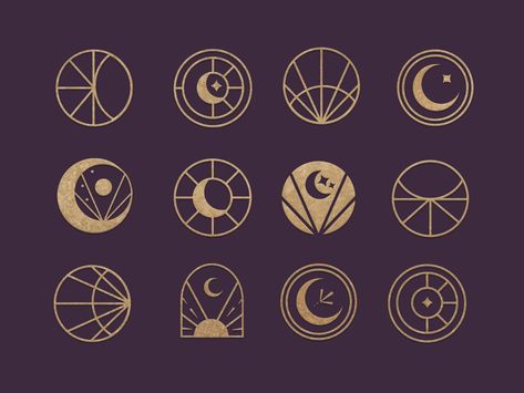 Moon Symbols Design, Moon Branding Design, Celestial Graphic Design, Geometric Moon Design, Moon Iconography, Stars Logo Design Ideas, Moon Logo Ideas, Eclipse Logo, Astrology Logo