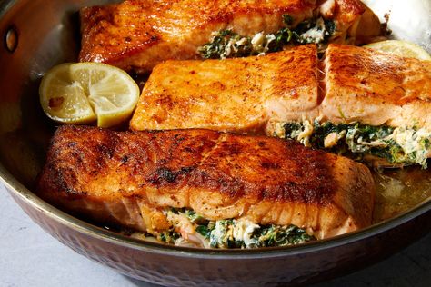 Delish Cajun Stuffed Salmon, Stuffed Salmon Recipes, Easy Creole Recipes, Salmon Recipes Easy, Firecracker Salmon Recipes, Stuffed Salmon, Salmon Rice, Salmon Spinach, Salmon Potato