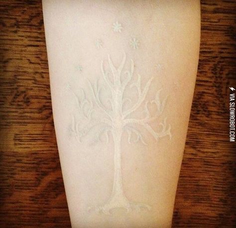 White Tree of Gondor tattoo done in white ink Gondor Tattoo, Tree Of Gondor Tattoo, Tattoo White Ink, White Ink Tattoos, White Tree Of Gondor, Dark Skin Tattoo, Tree Of Gondor, Lotr Tattoo, Black Men Tattoos