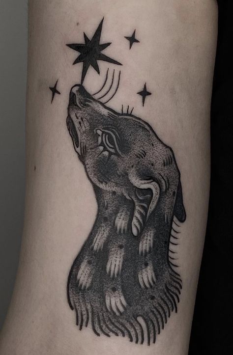 Ink Work Tattoo, Folk Wolf Tattoo, Wolf Star Tattoo, Woodcut Animal Tattoo, Gothic Dog Tattoo, Canine Tattoo, Dog Arm Tattoo, Borzoi Tattoo, Wolfhound Tattoo