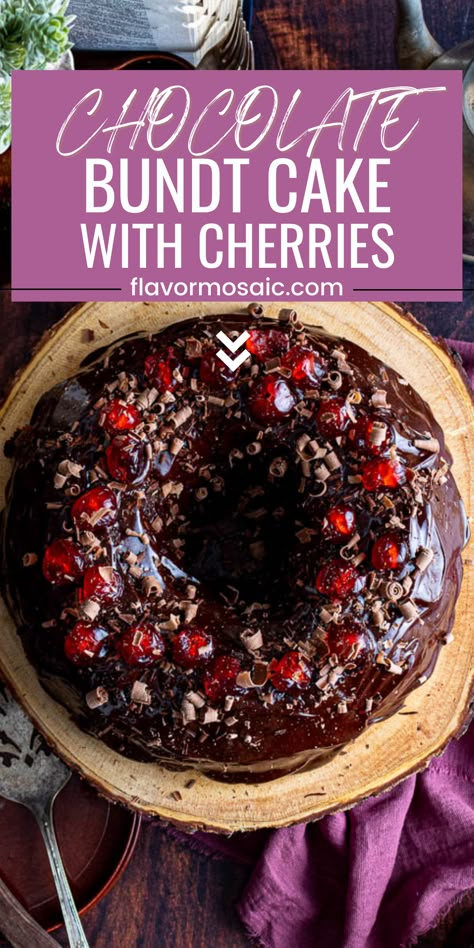 This chocolate bundt cake with cherries is made with rich chocolate sour cream bundt cake with maraschino cherries baked right inside. Then this chocolate from scratch is topped off with a satiny chocolate ganache icing and decorated with extra candied cherries and shaved chocolate – a perfect holiday dessert for any special occasion like Valentine’s Day! Dark Chocolate And Cherry Desserts, Chocolate Maraschino Cherry Cake, Desserts With Maraschino Cherries, Chocolate Cherry Bundt Cake, Chocolate Sour Cream Bundt Cake, Maraschino Cherry Cake, Cherry Bundt Cake, Sour Cream Bundt Cake, Cherry Recipe