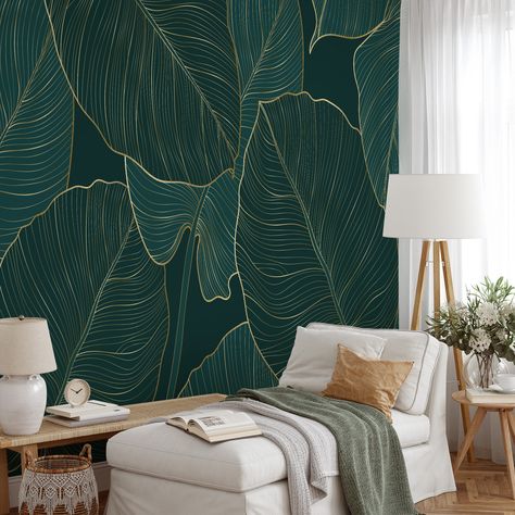 Green Plant Wallpaper Bedroom, Peel And Stick Nature Wallpaper, Green And Gold Leaf Wallpaper, Nature Wallpaper For Walls Interiors, Modern Wallpaper Accent Wall Kitchen, Green Bathroom Wallpaper Accent Wall, Dark Green Wallpaper Accent Wall, Green Office With Wallpaper, Powder Room Green Wallpaper