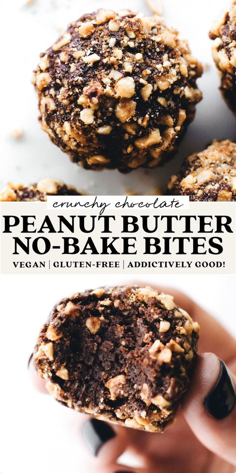 Decadent no-bake balls with a rich chocolate truffle center and crunchy peanut coating from Salty, sweet, and SIMPLE to make! Salty Paleo Snacks, Healthy Snacks Salty, Chocolate Peanut Butter Balls, Health Bars, Vegan Bars, Butter Candy, Raw Vegan Desserts, Peanut Butter No Bake, Plant Based Desserts