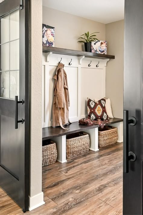 Modern Mudroom, Barnwood Doors, White Upper Cabinets, Mudroom Remodel, Mud Room Entry, Mudroom Entryway, Mudroom Decor, Mudroom Laundry Room, Mudroom Design