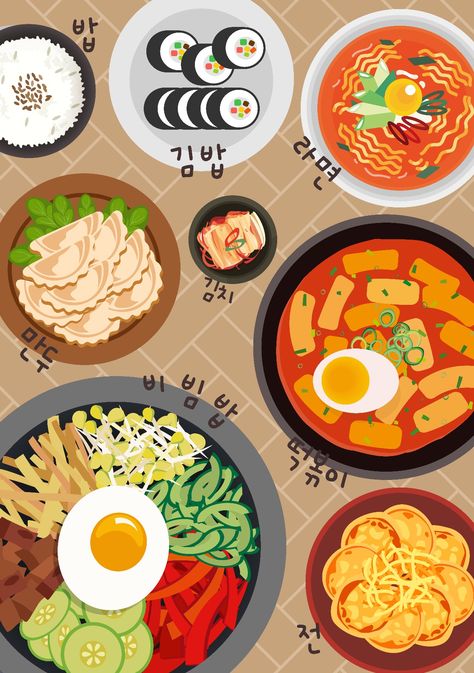 Kimchi Illustration Art, Korea Food Illustration, Korean Food Painting, Korean Food Graphic Design, Korean Design Poster, Korean Aesthetic Drawing, Food Illustrations Design, Korean Street Food Illustration, Korean Food Illustration Art